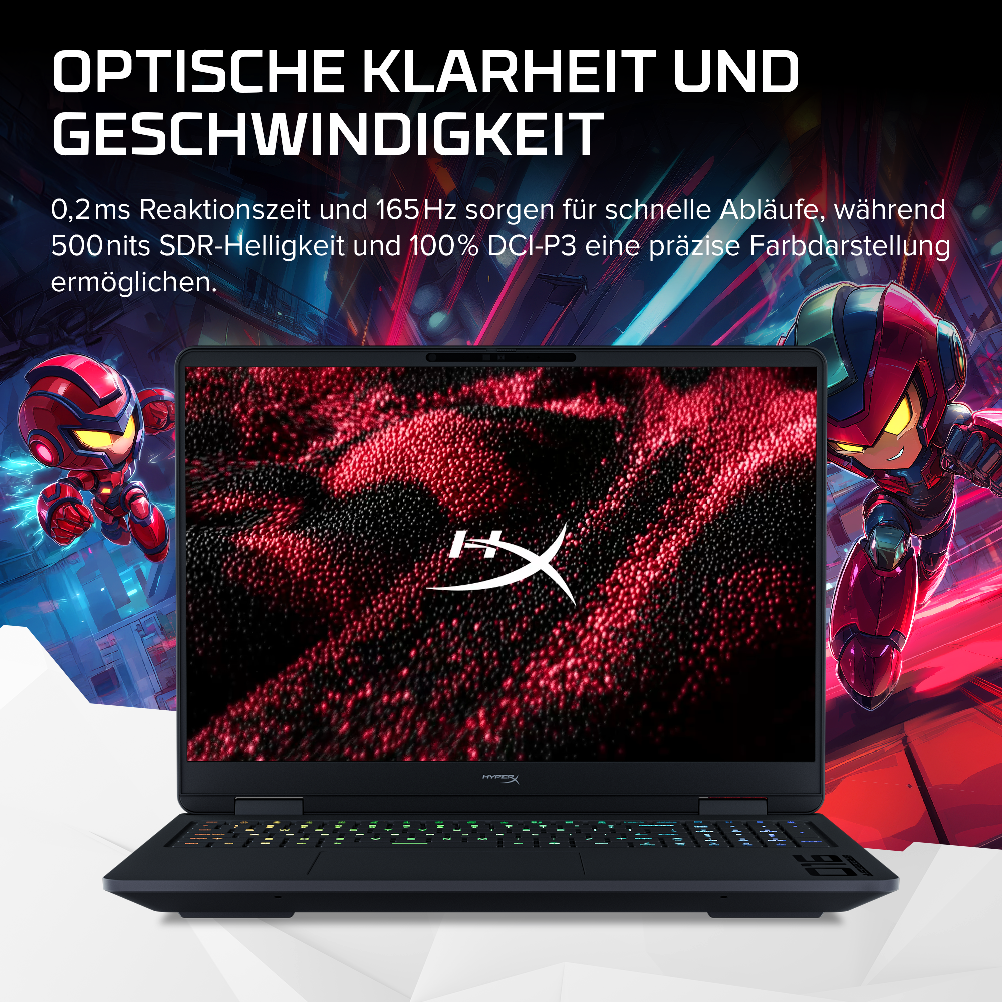 Schwarzer Gaming-Laptop mit rot-schwarzem abstrakten Hintergrundbild, flankiert von zwei animierten Roboterfiguren.