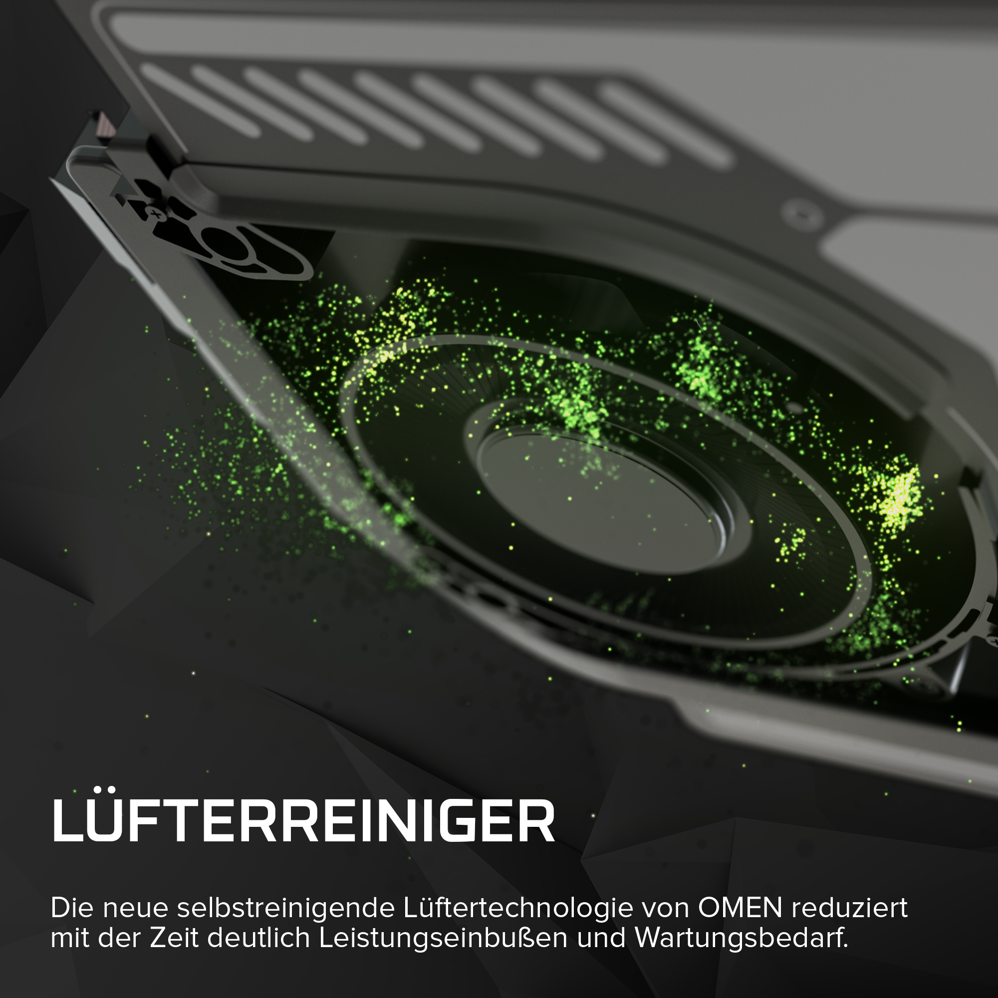 Grafik zeigt OMENs selbstreinigende Lüftertechnologie mit grünen Partikeln und deutschem Werbetext unten.