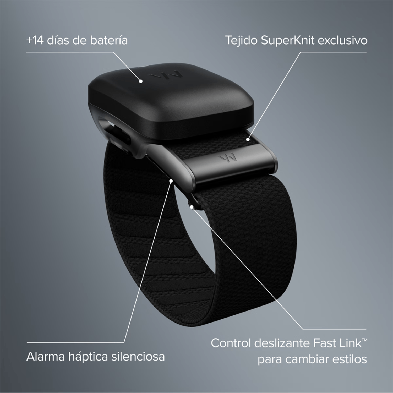 Pulsera de actividad negra con correa SuperKnit, indicador de batería y etiquetas de funciones en fondo gris.