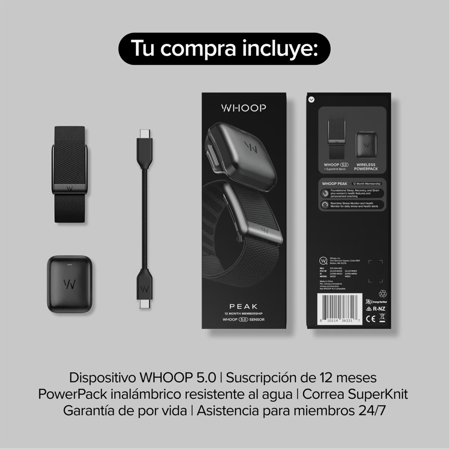 Dispositivo Whoop 5.0, correa, powerpack inalámbrico y empaque sobre fondo claro con texto en español.