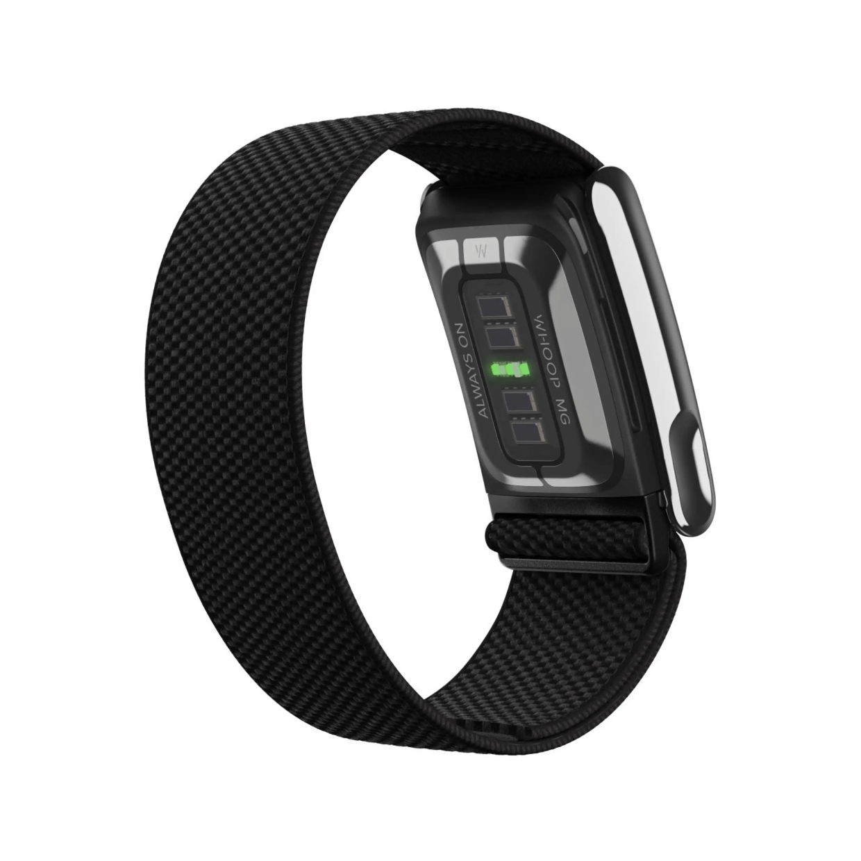 Pulsera de actividad negra con correa tejida y sensor LED verde brillante en la parte inferior sobre fondo blanco.
