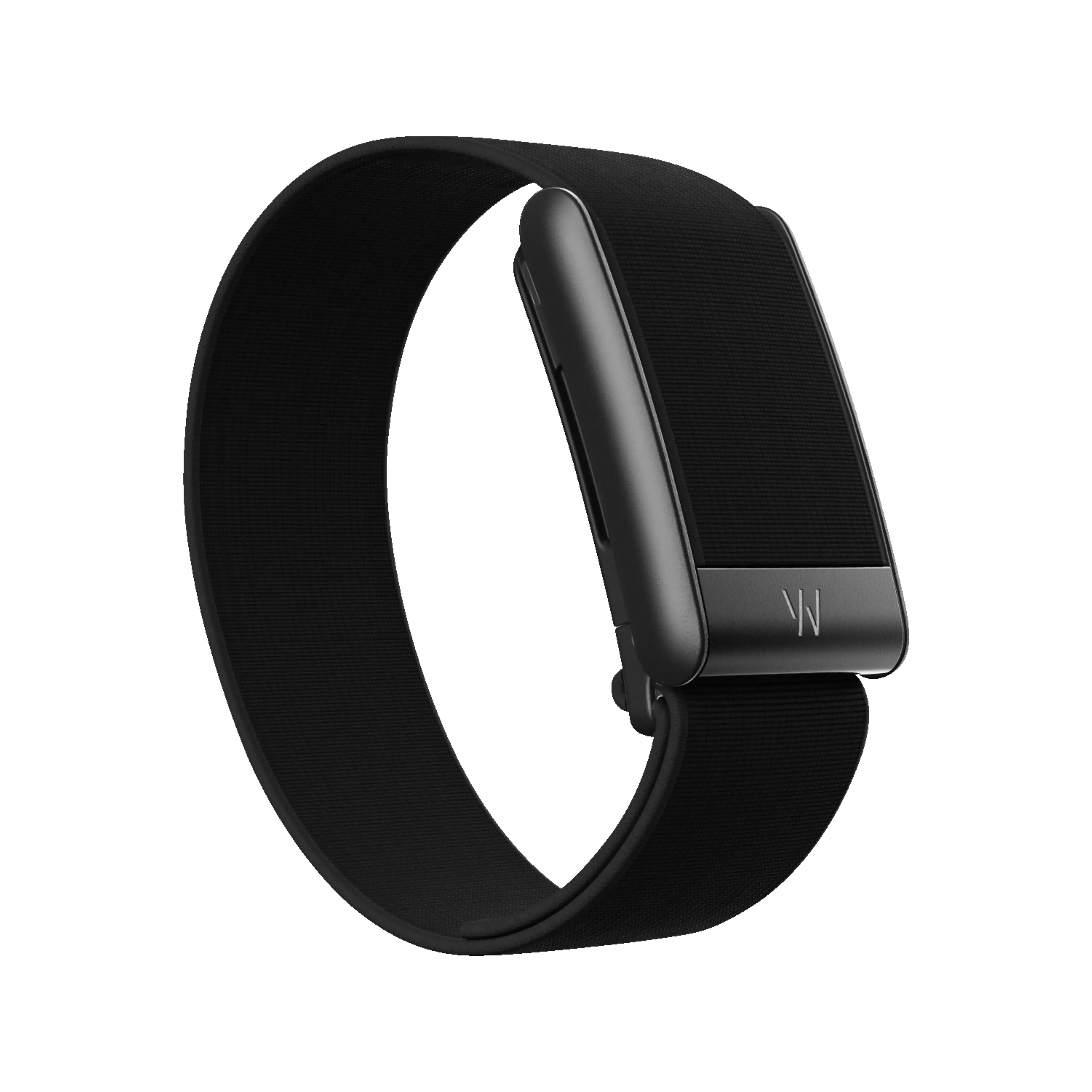 Una pulsera de actividad Whoop negra y elegante con sensor integrado sobre fondo oscuro.