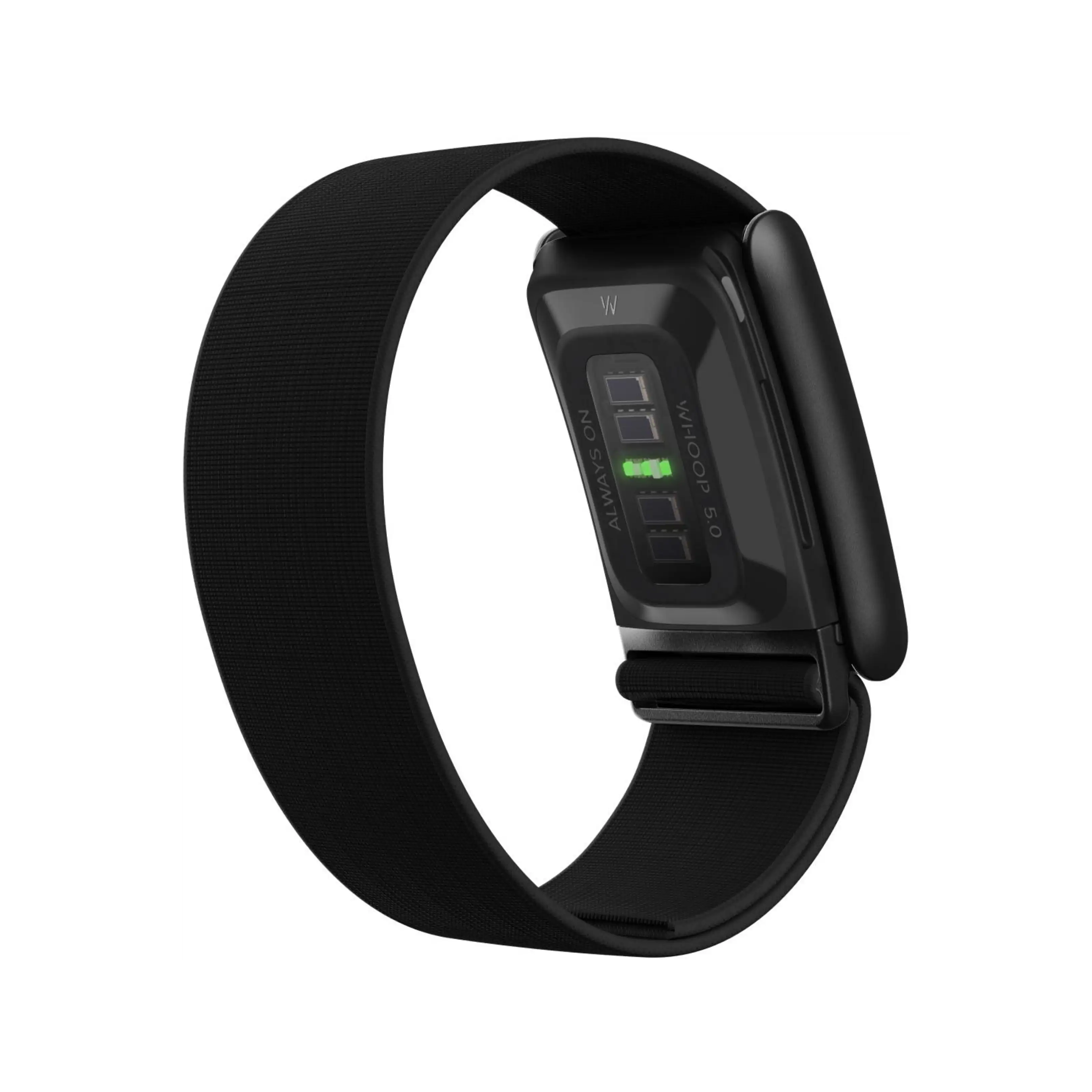 Pulsera de fitness negra con sensor de frecuencia cardíaca verde en la parte trasera y correa elástica.