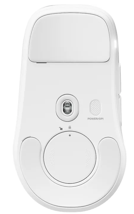 Widok od spodu białej myszy komputerowej z czujnikiem, przełącznikiem zasilania-DPI i ślizgaczami.