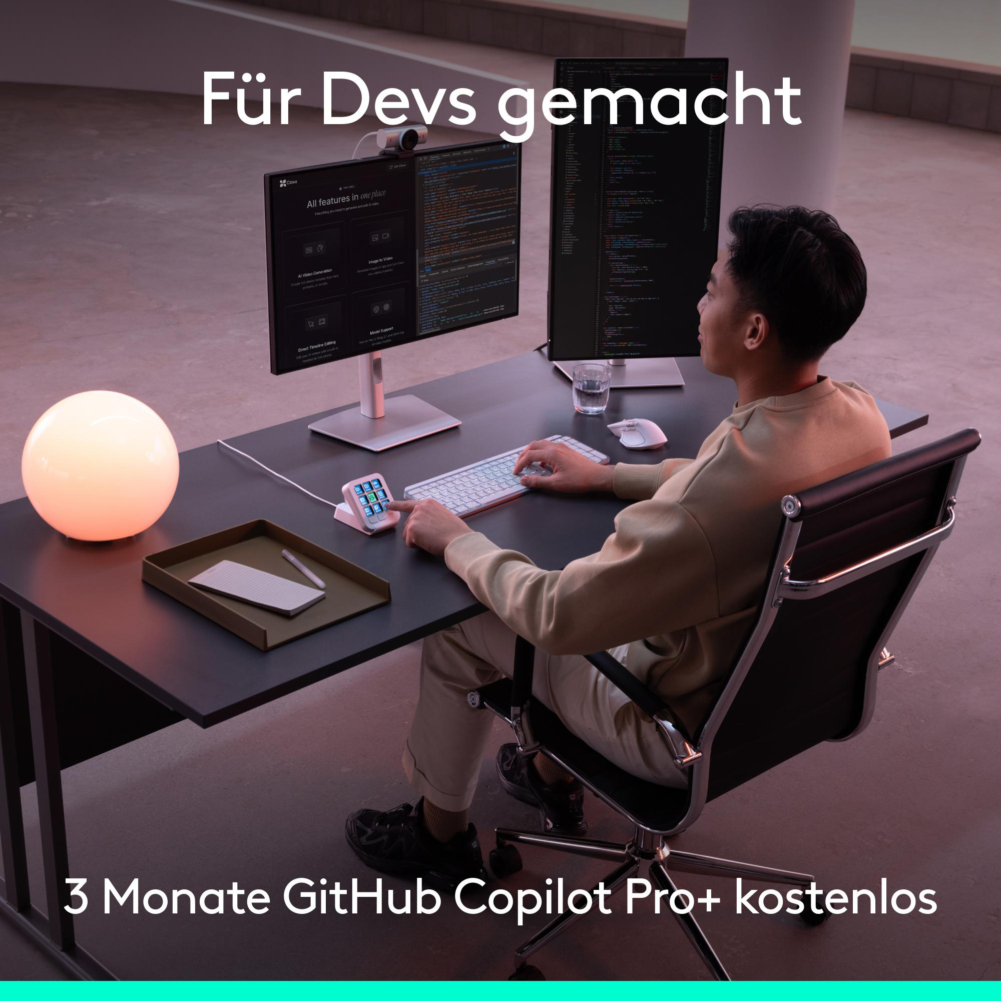 Entwickler sitzt an einem modernen Schreibtisch mit zwei Monitoren, Tastatur und warmer Lampe.