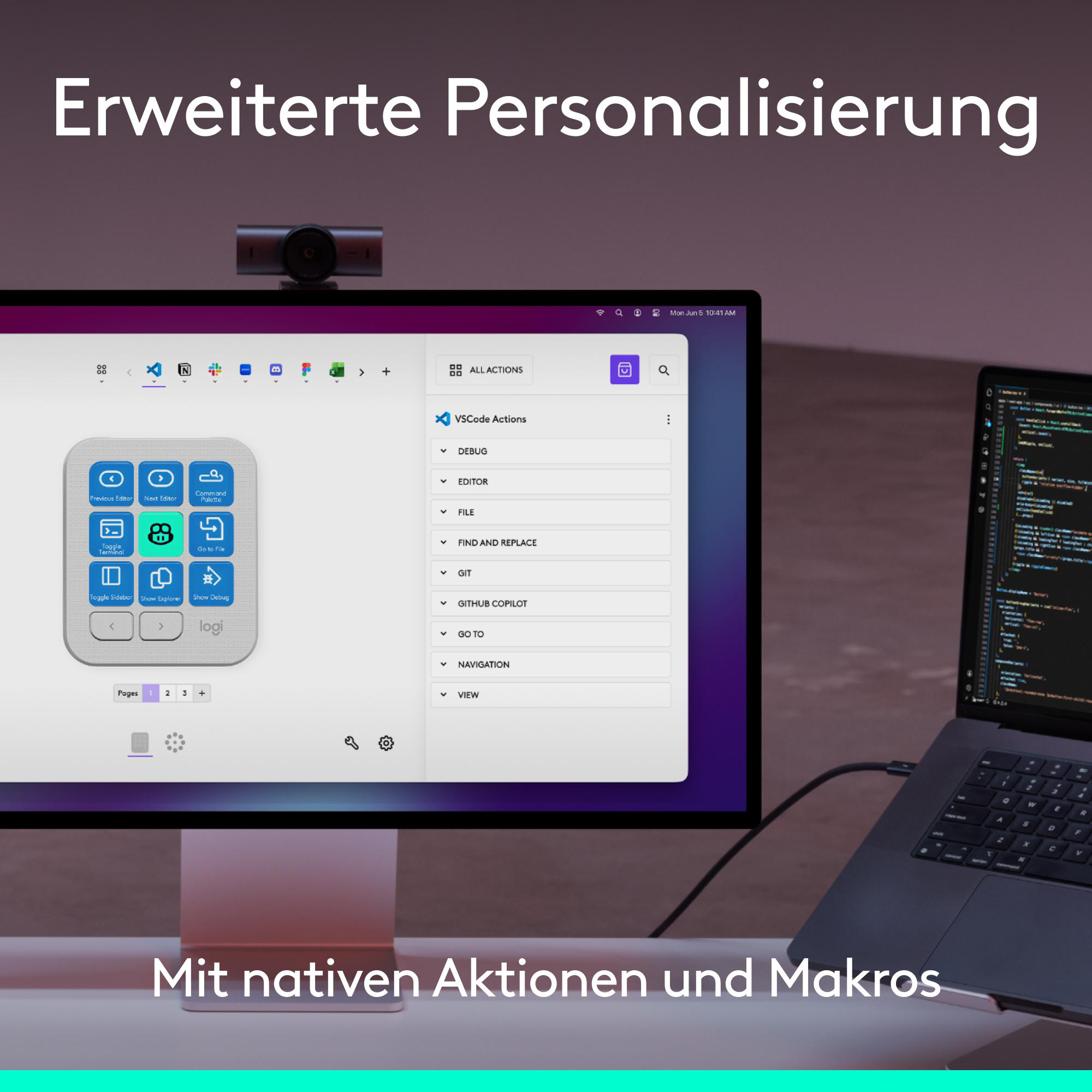 Ein Bildschirm zeigt eine Softwareoberfläche mit anpassbaren Aktionsbuttons und Makrooptionen.