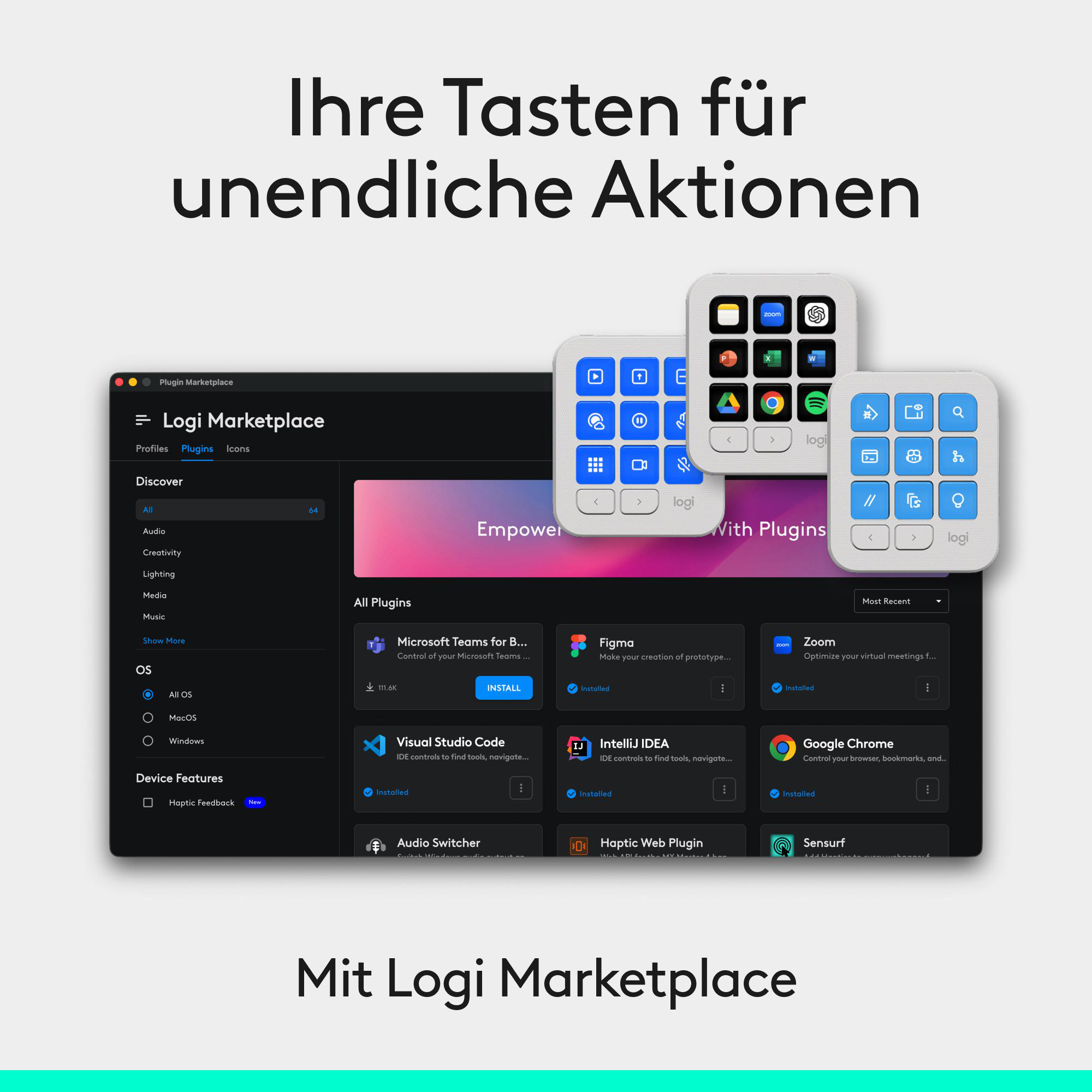 Logi Marketplace-Softwareoberfläche mit Plugin-Optionen neben benutzerdefinierten Makro-Tastaturen.