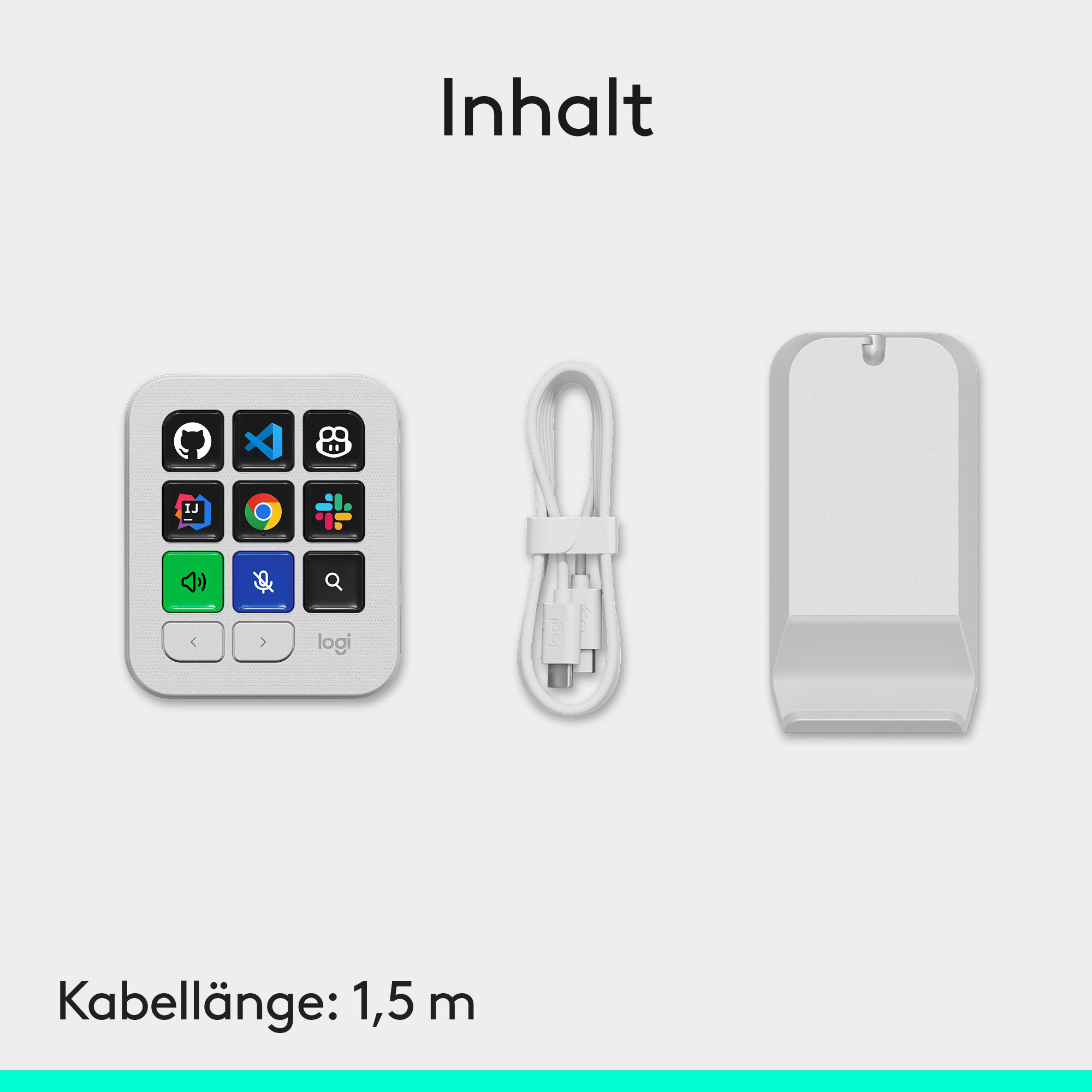 Inhalt: Programmiermodul mit neun bunten Tasten, weißes 1,5m USB-Kabel und ein grauer Ständer.