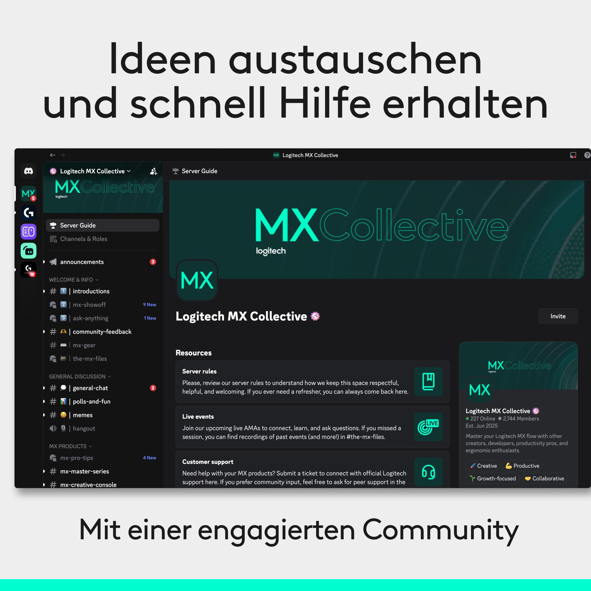 Screenshot des Logitech MX Collective Discord-Servers mit Kanälen, Ressourcen und Community-Infos.