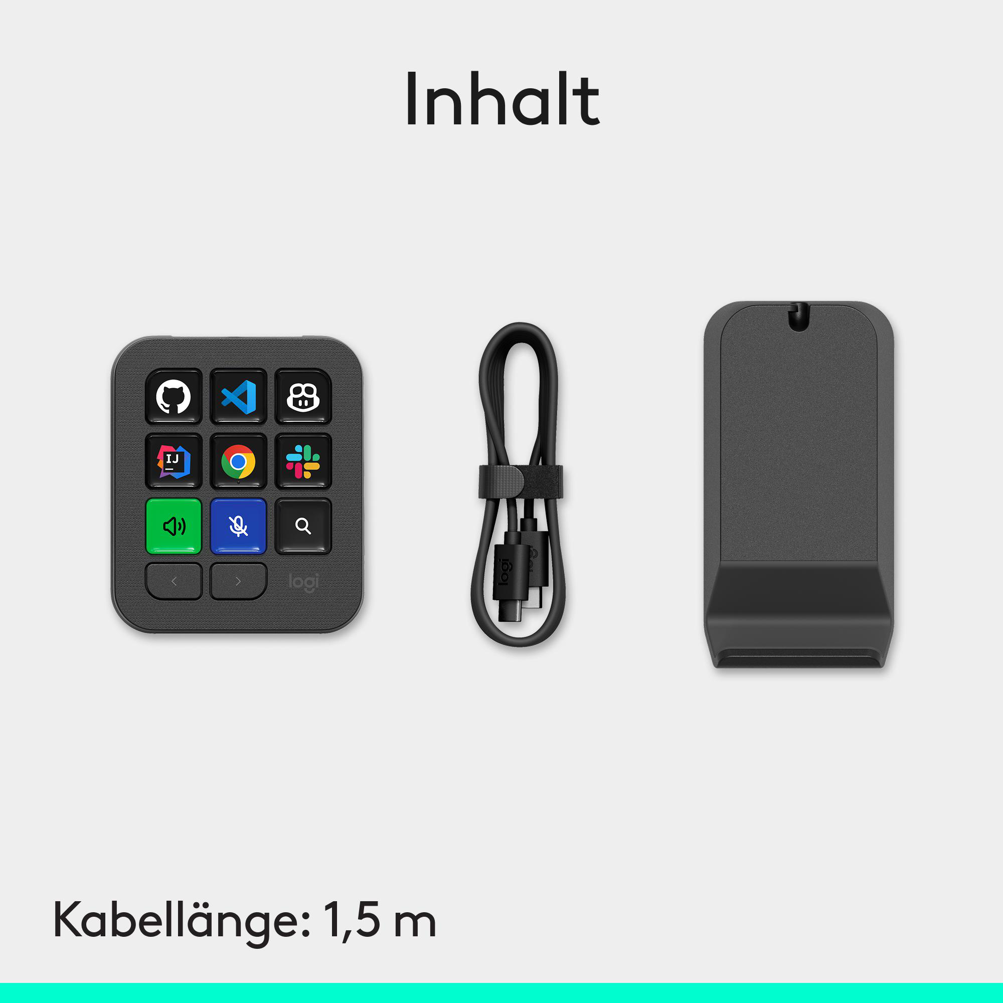 Das Bild zeigt eine programmierbare Tastatur, ein USB-C-Kabel und eine Halterung.