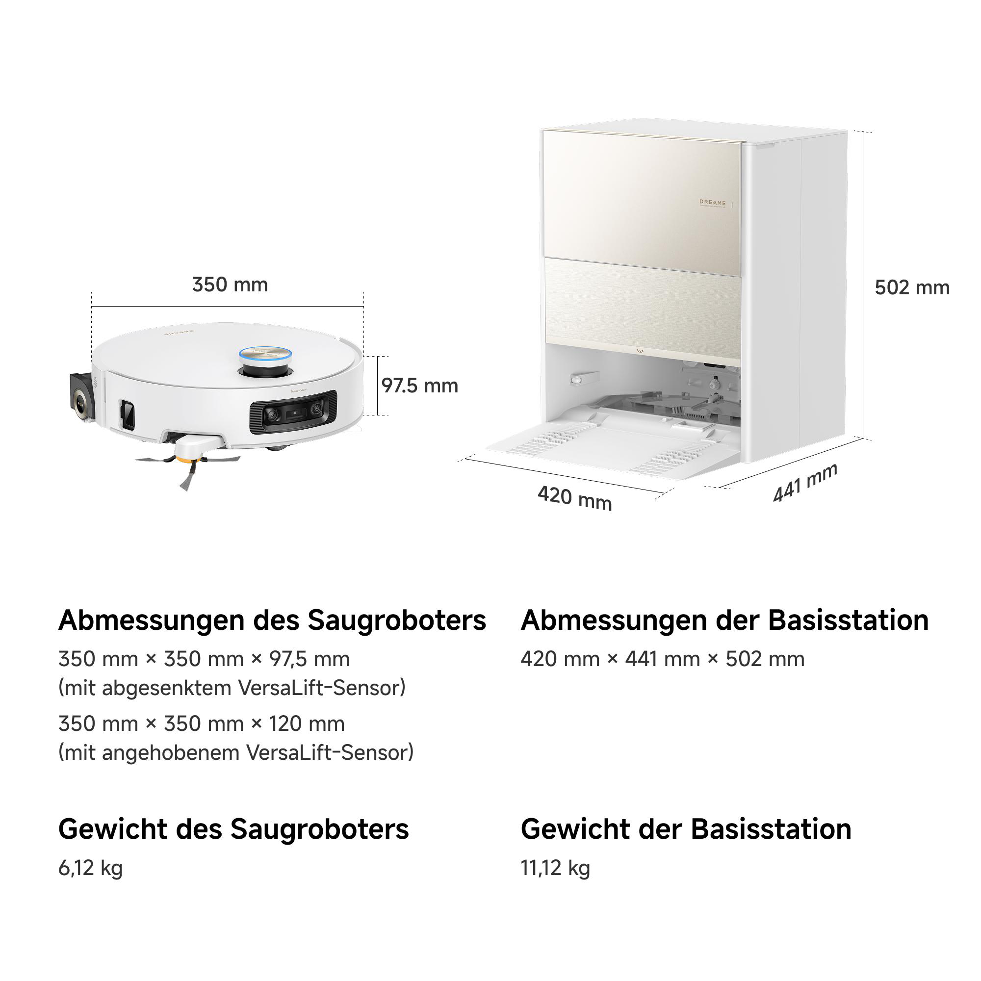 Technische Zeichnung mit Maßangaben und Gewichten eines Saugroboters und seiner Basisstation.