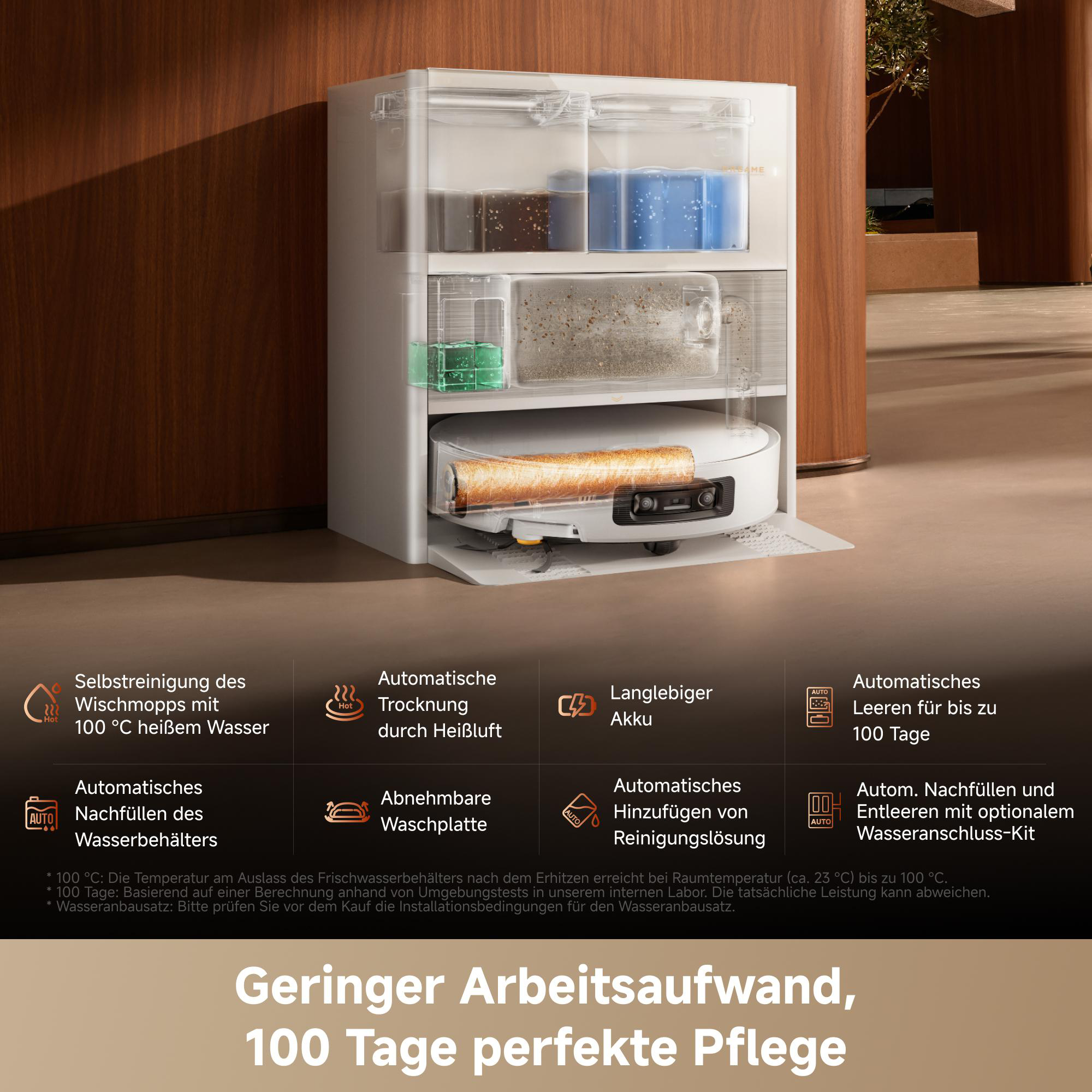 Roboterstaubsauger in weißer Ladestation mit mehreren Wasser- und Reinigungsmittelbehältern sowie Produktfeatures.
