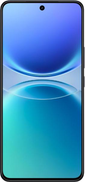Un teléfono inteligente con pantalla azul y un pequeño orificio de cámara circular en la parte superior central.