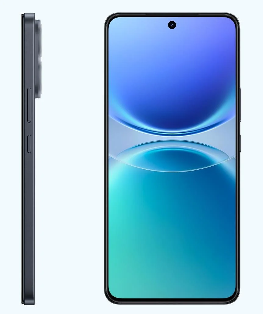 Un teléfono inteligente visto de frente y de lado sobre fondo blanco, con una pantalla azul y verde vibrante.