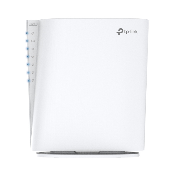 Un enrutador TP-Link blanco se encuentra en posición vertical con luces LED azules a la izquierda sobre fondo claro.