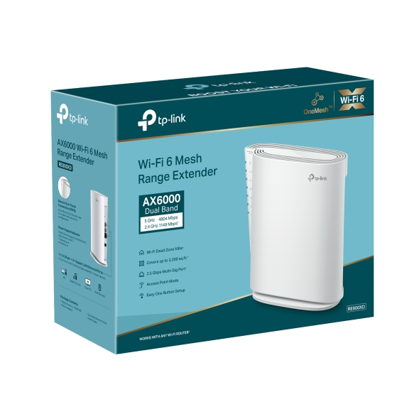 Caja de producto para el extensor de rango TP-Link AX6000 Wi-Fi 6 Mesh con el dispositivo.