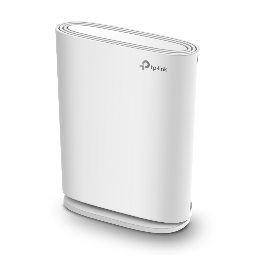 Un enrutador Wi-Fi en malla TP-Link blanco sobre fondo negro.