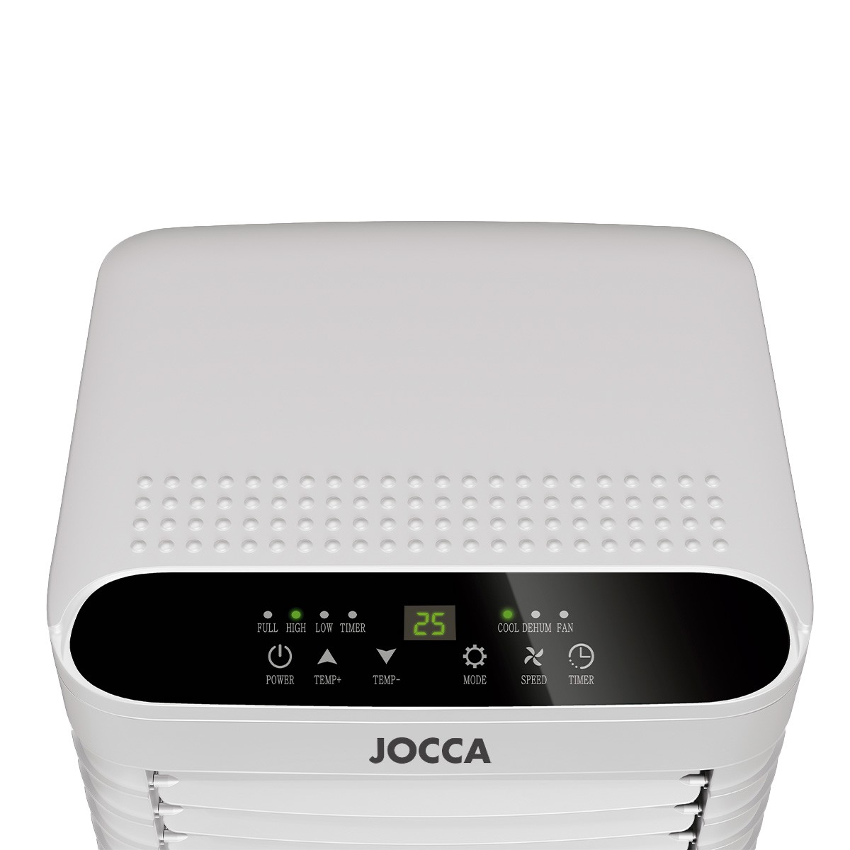 Vista superior de un climatizador Jocca blanco con pantalla digital y panel de control.