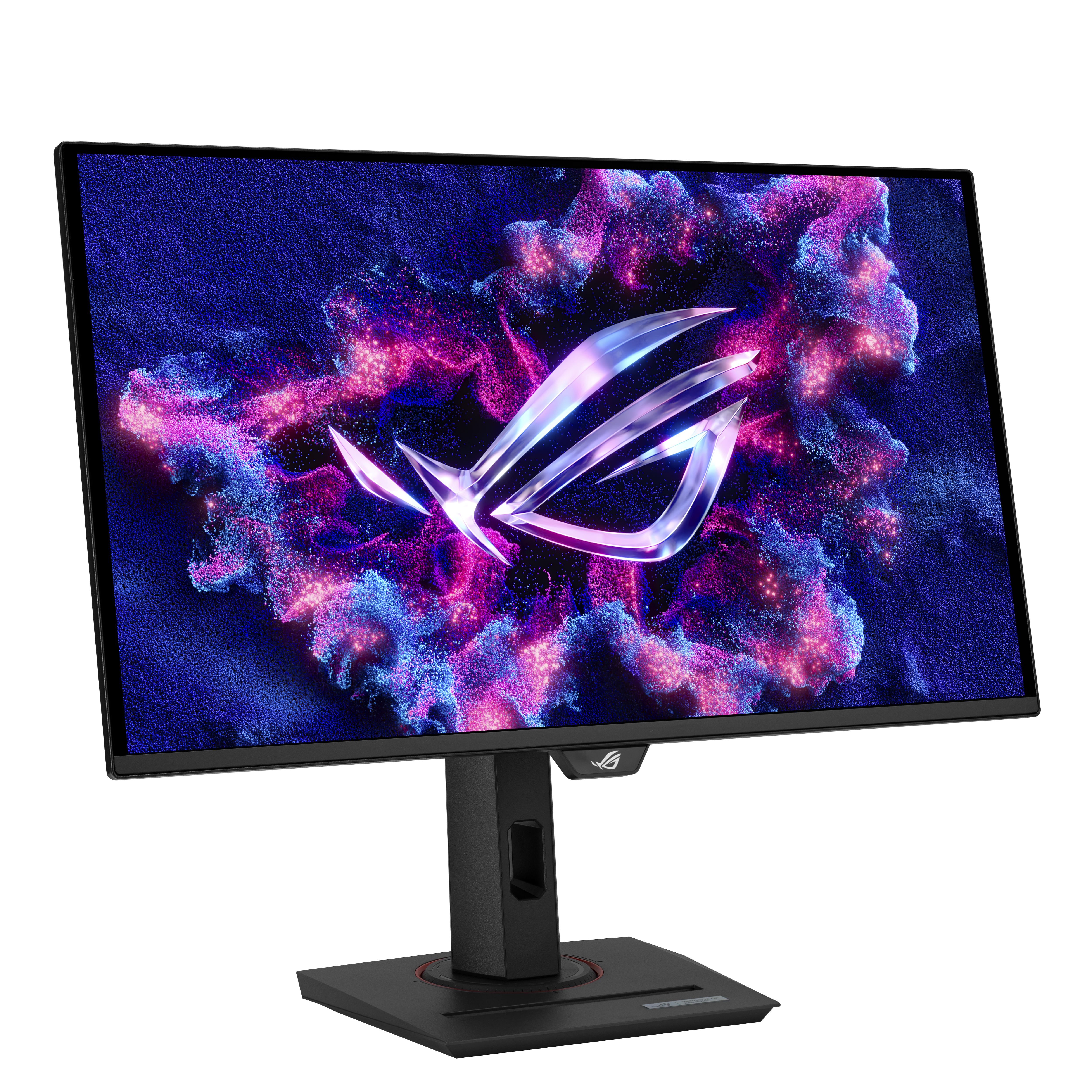 Un monitor ASUS ROG muestra un fondo abstracto azul y morado con un logotipo brillante en un soporte negro.
