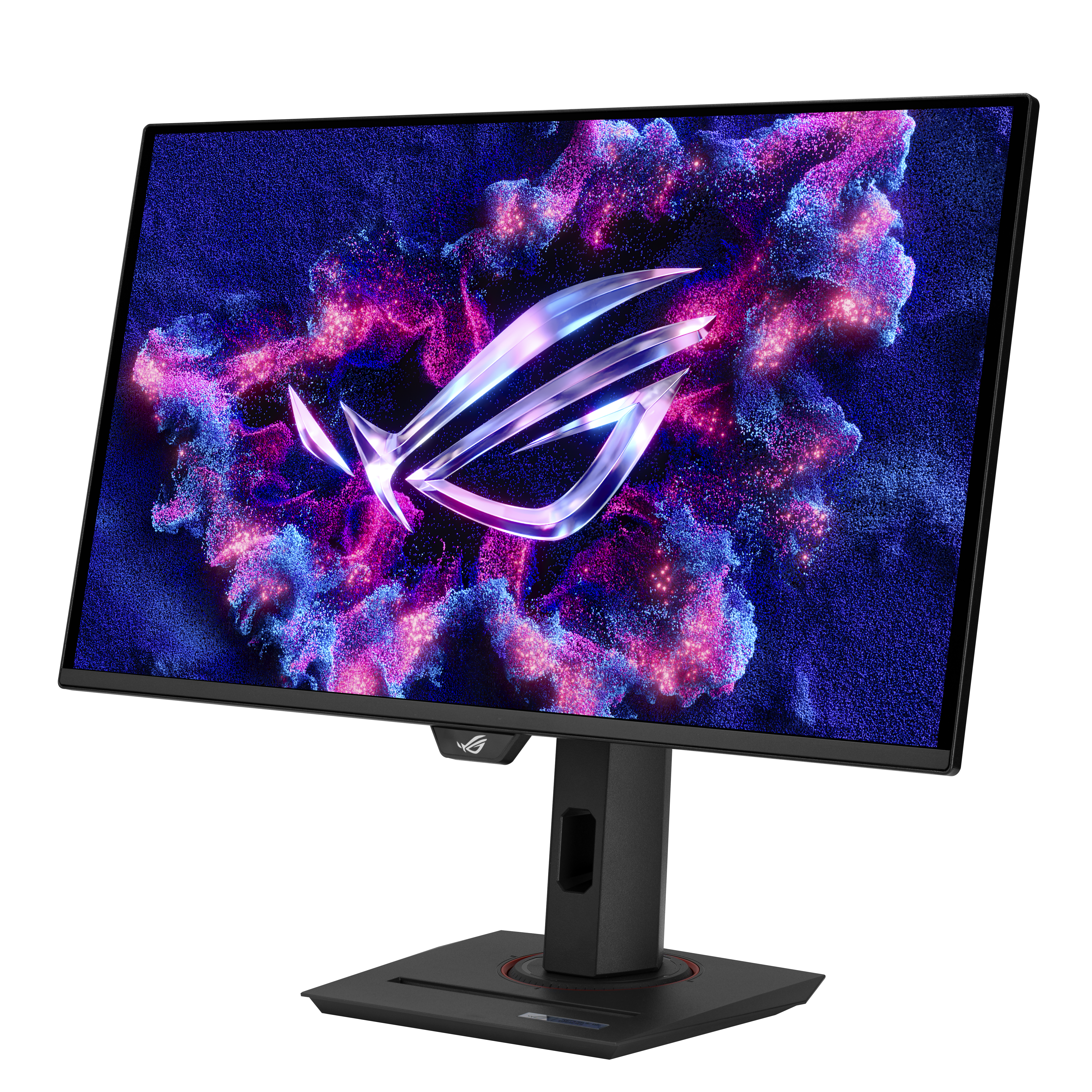 Un monitor de juegos negro que muestra un logotipo de ROG colorido y brillante sobre un fondo de nebulosa.