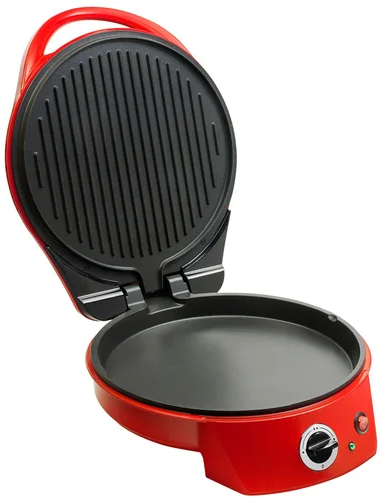 Roter elektrischer Tischgrill mit offenem Deckel und Temperaturregler.