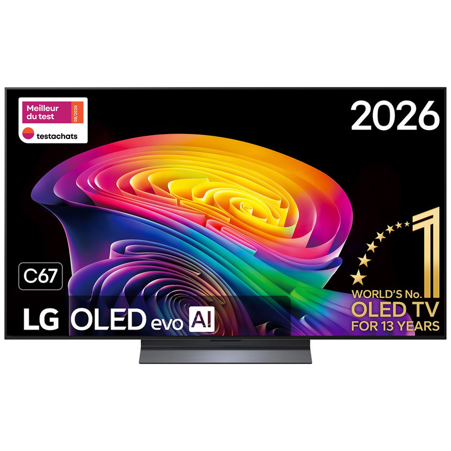 Téléviseur LG OLED evo AI affichant un graphique abstrait coloré et des prix.