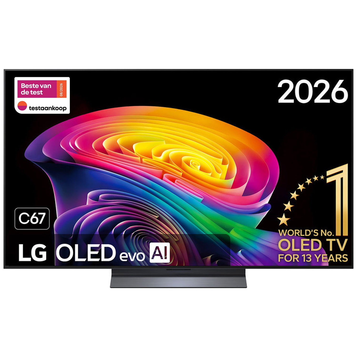 LG OLED evo AI television with colorful screen, model C67.