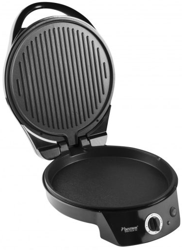 Ein schwarzer elektrischer Pizza- und Snack-Maker mit offenem Deckel, Grillplatten und Temperaturregler.