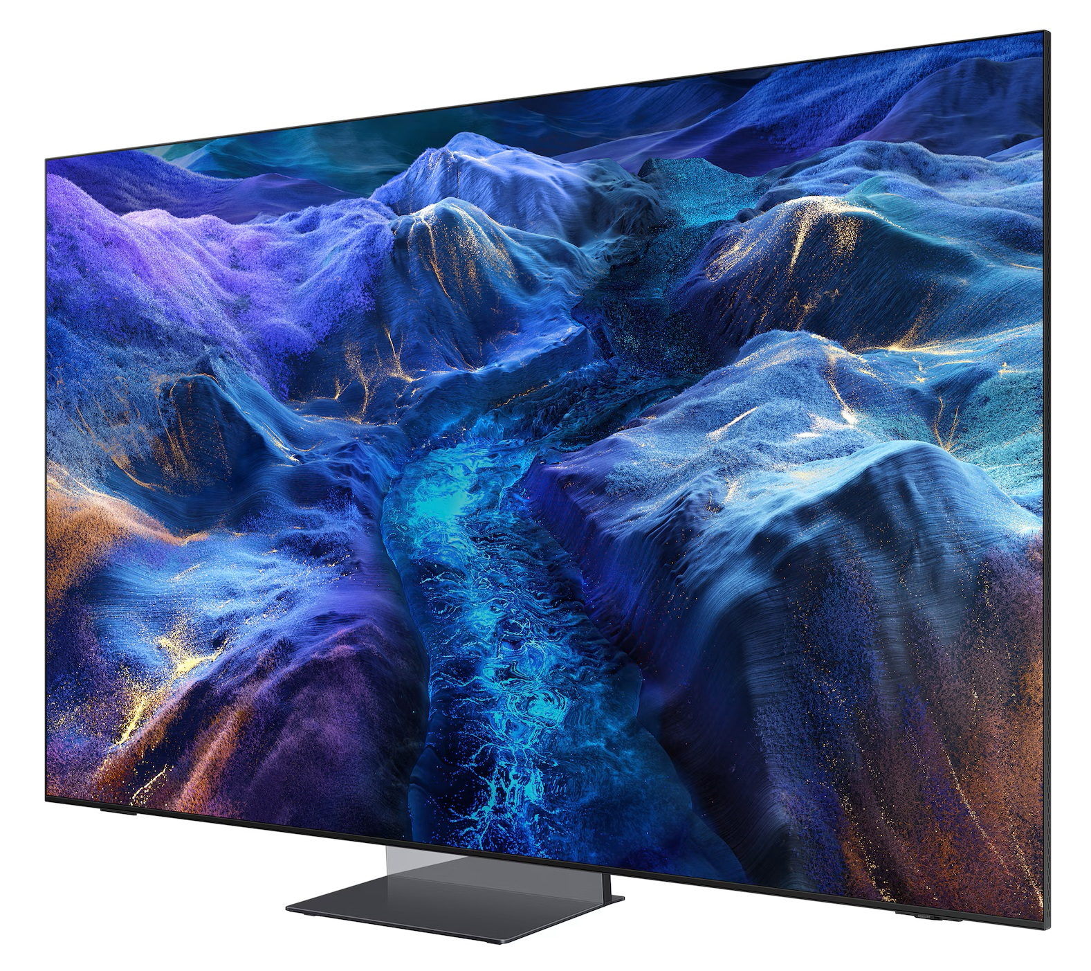 Telewizor z płaskim ekranem wyświetlający niebieską, abstrakcyjną tapetę górską.