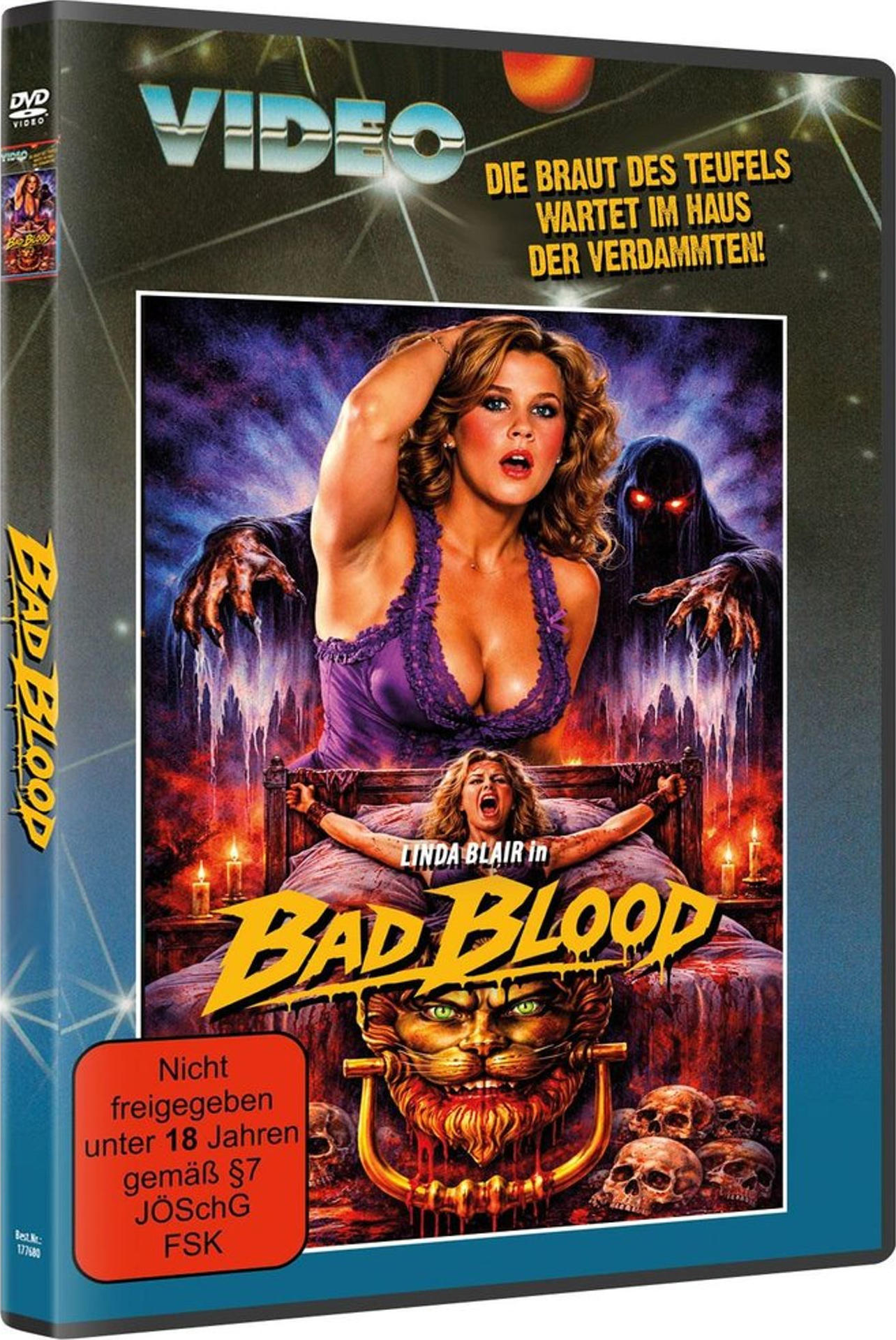 Horror-DVD-Hülle von 'Bad Blood' mit Linda Blair, einem Dämon und blutigen Elementen.