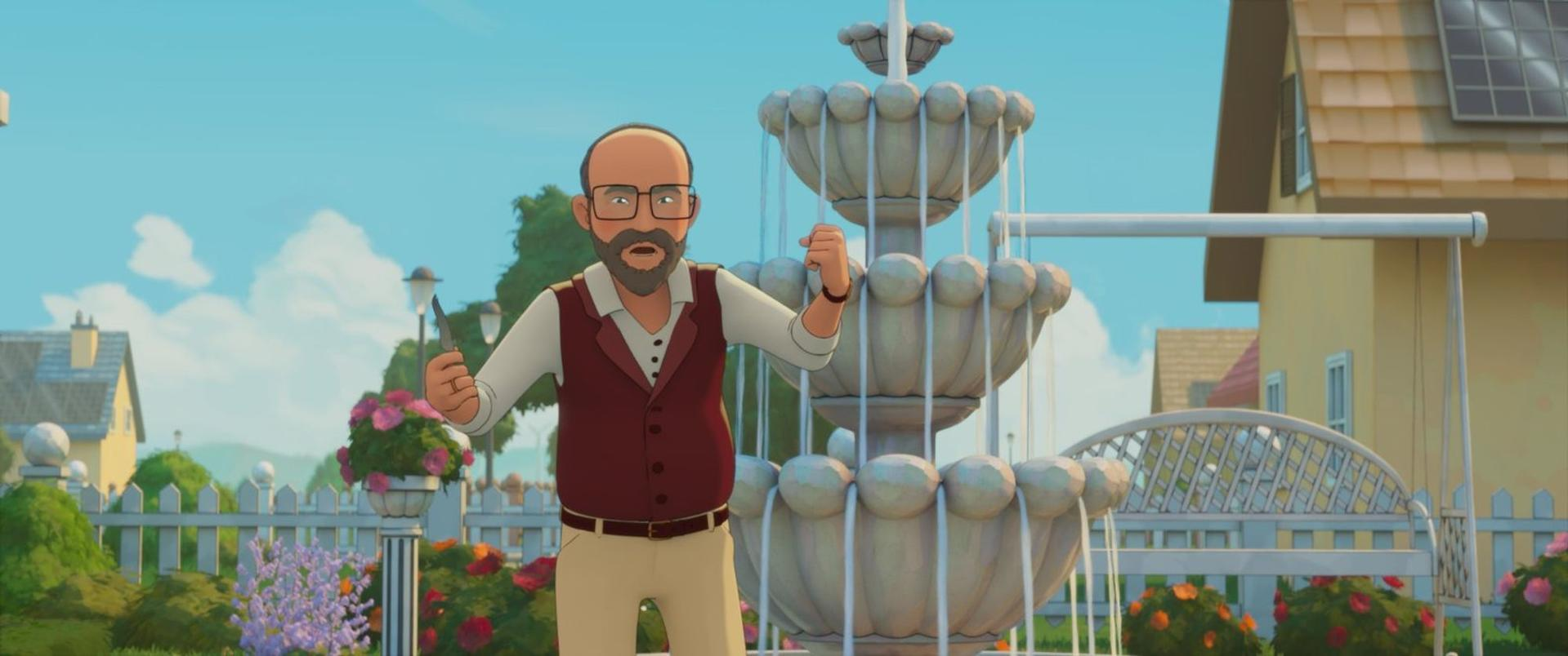 Ein animierter Mann mit Bart und Brille gestikuliert vor einem großen Steinbrunnen in einem Garten.