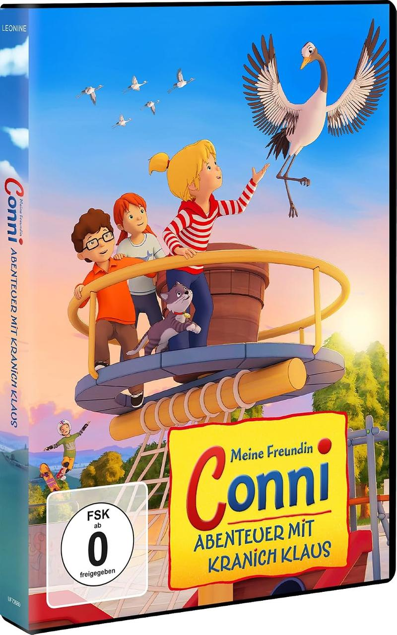 DVD-Hülle des Conni-Films mit Conni und Freunden auf einem Turm, die mit einem Kranich interagieren.