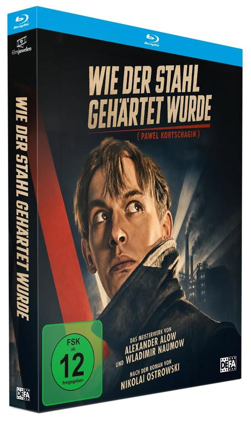 Blu-ray-Hülle von Wie der Stahl gehärtet wurde mit Porträt eines jungen Mannes vor Industriehintergrund.