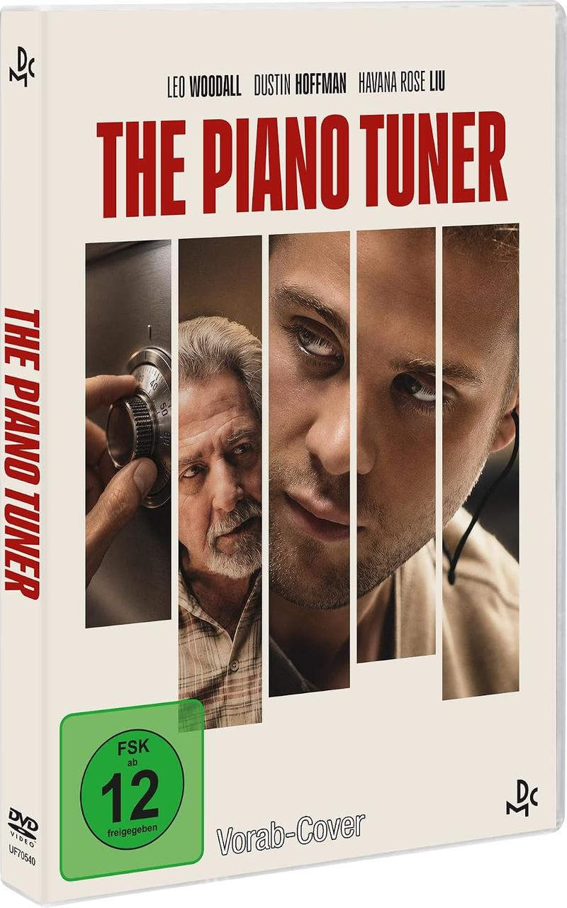 DVD-Cover von The Piano Tuner mit Leo Woodall und Dustin Hoffman, zersplitterte Porträts und ein Tresor.