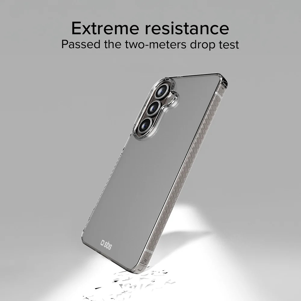 Smartfon w przezroczystym etui ochronnym na szarym tle, z tekstem o ekstremalnej odporności.