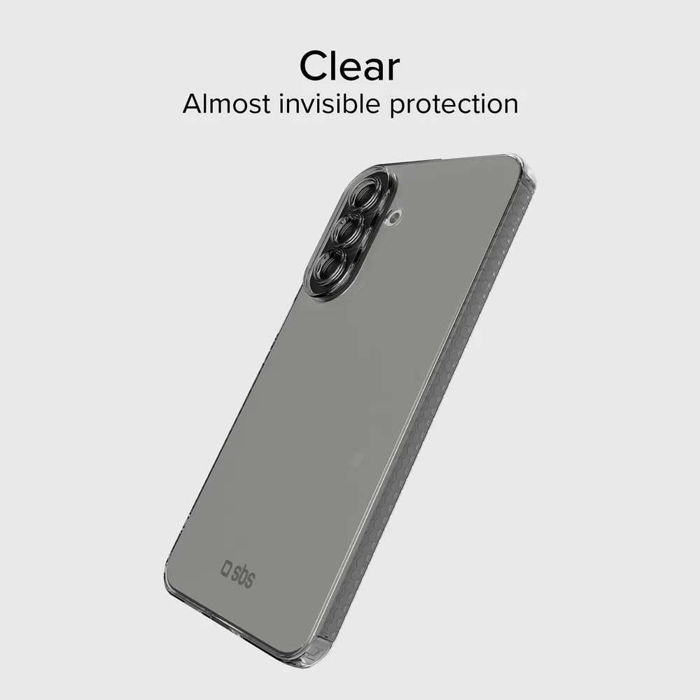 Przezroczyste etui na telefon na szarym tle z napisem Clear, Almost invisible protection.