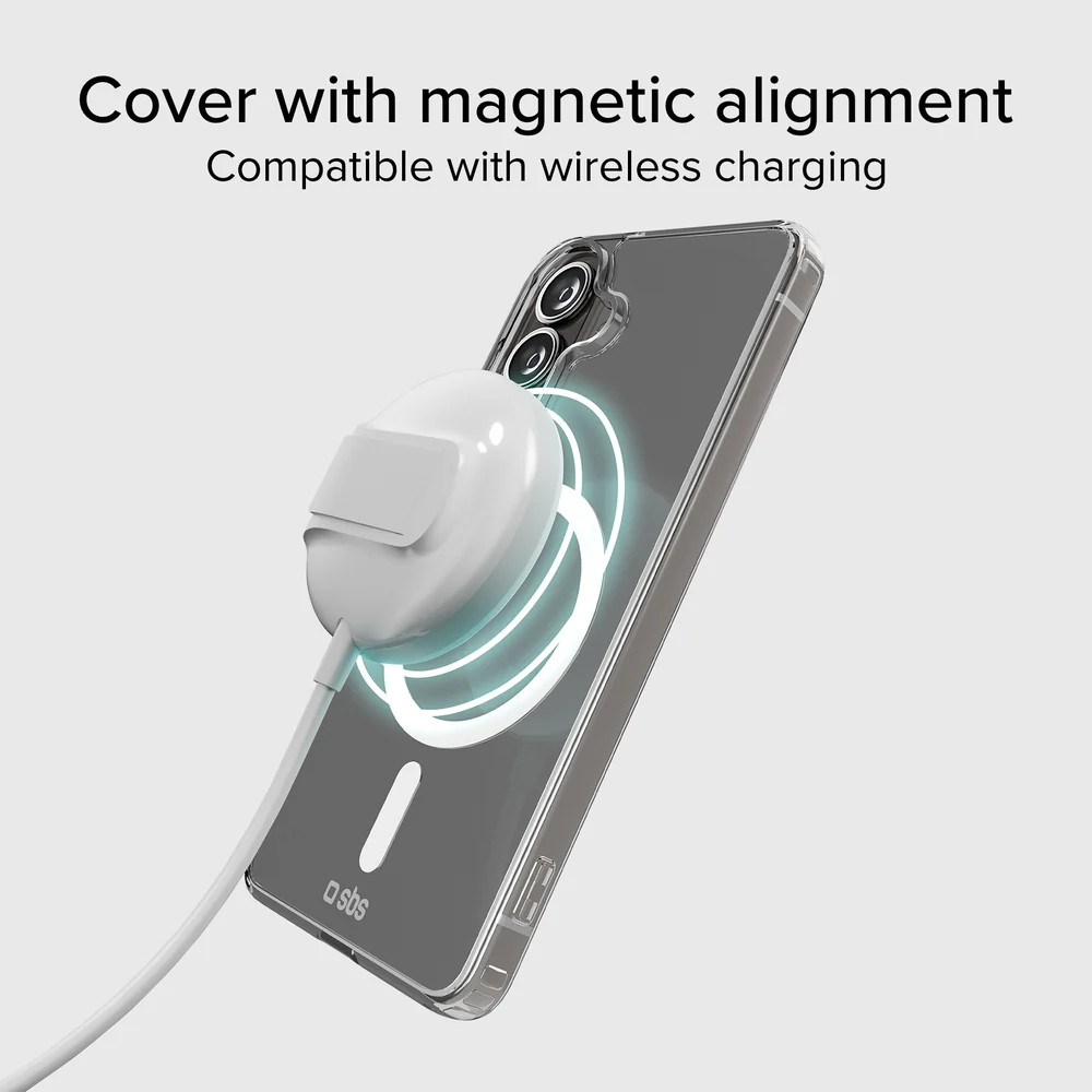 Przezroczyste etui na telefon z magnetyczną białą ładowarką i świecącymi pierścieniami.