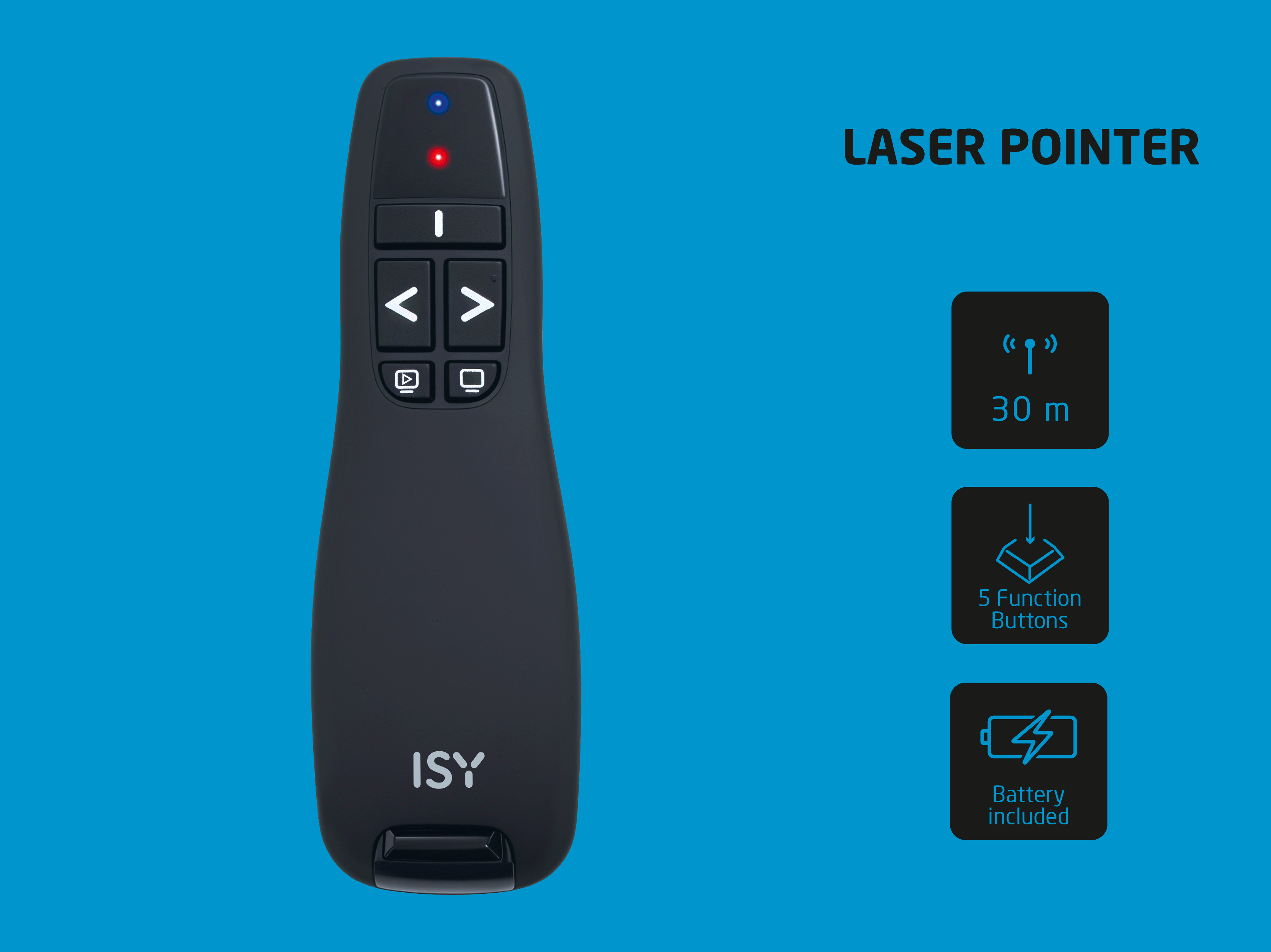 Schwarzer ISY-Laserpointer mit fünf Tasten, 30 m Reichweite und Symbolen für Funktionen vor blauem Hintergrund.