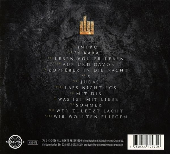 Dunkles CD-Backcover mit goldener Songliste, Logo oben und Strichcode unten.