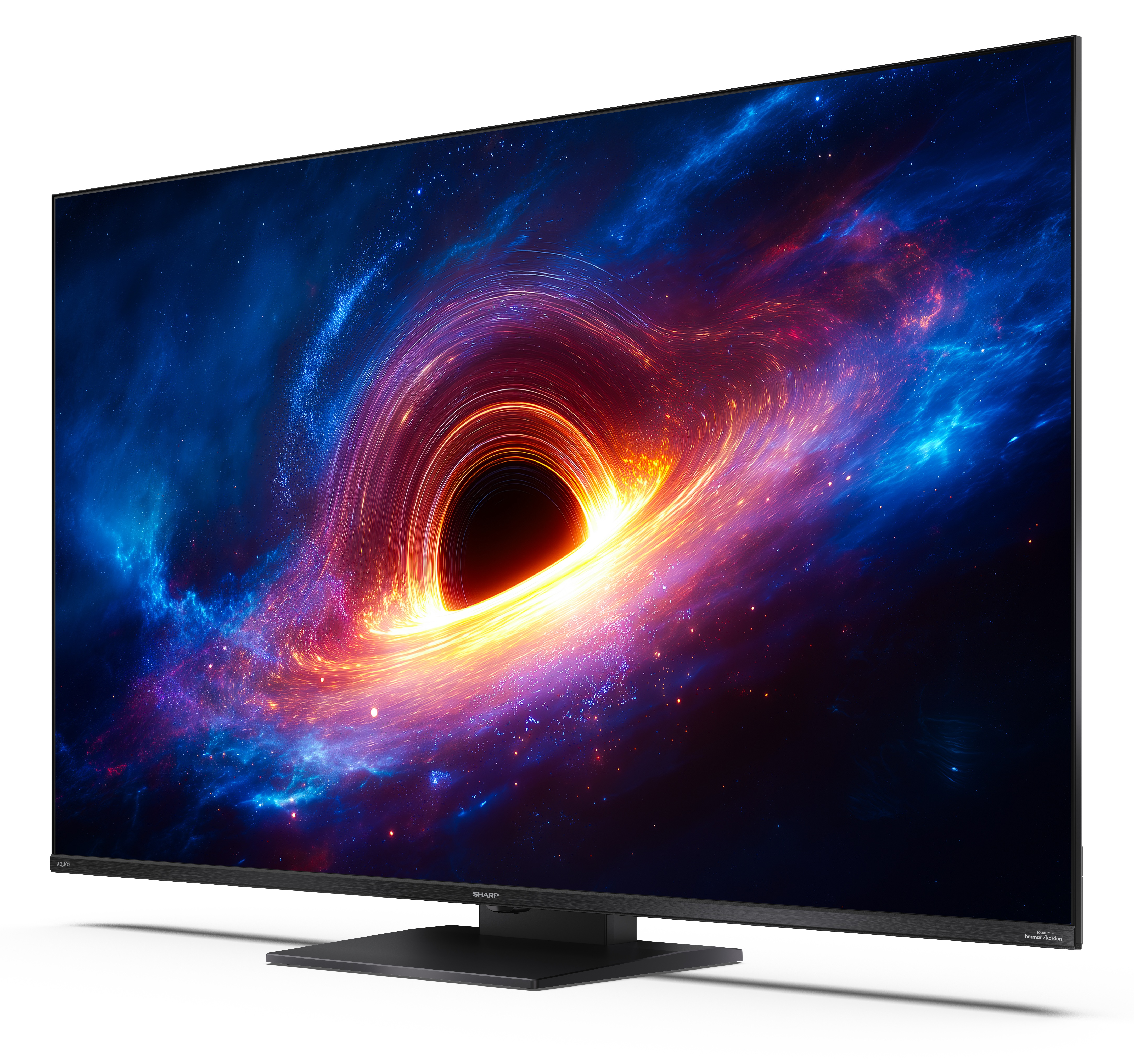 Telewizor Sharp wyświetla żywą mgławice kosmiczną z centralną czarną dziurą.