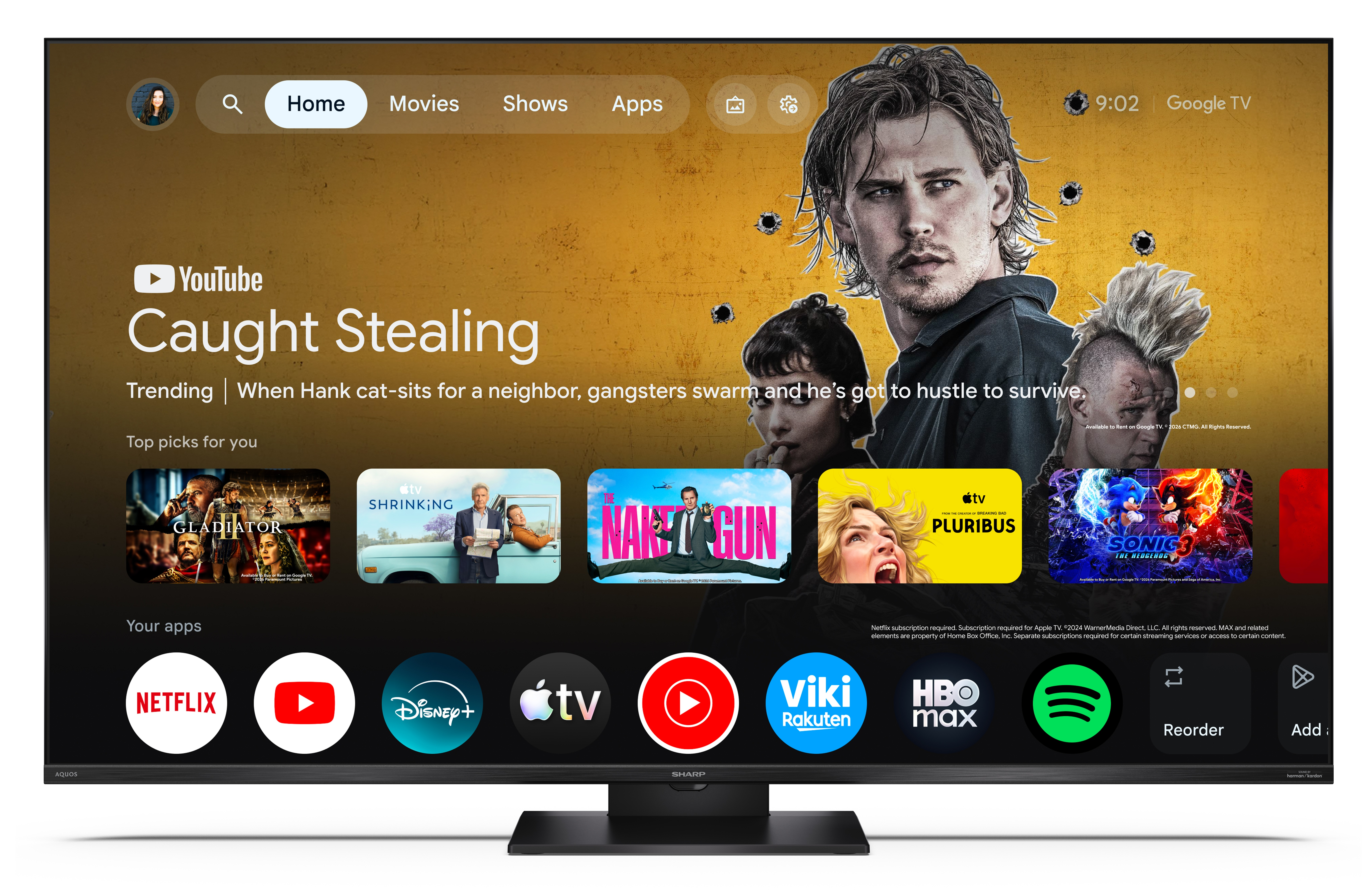 Ekran telewizora Smart TV z interfejsem Google TV oraz rekomendacjami filmów, seriali i aplikacji.