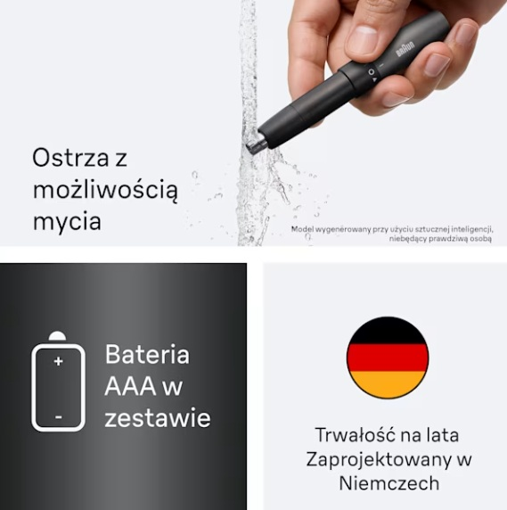 Dłoń trzyma trymer pod wodą, ikona baterii AAA i niemiecki design.