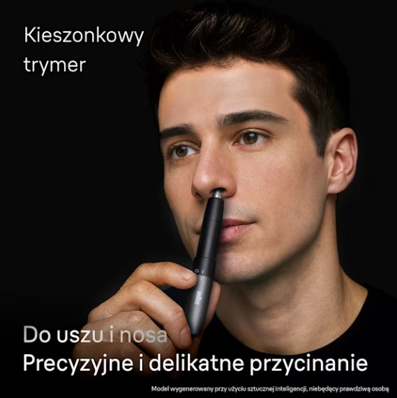 Mężczyzna używa małego czarnego trymera do nosa. Widoczny polski tekst.