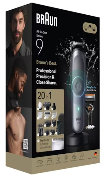 Trymer Braun All-in-One Series 9 w czarnym opakowaniu z akcesoriami i efektem wody.