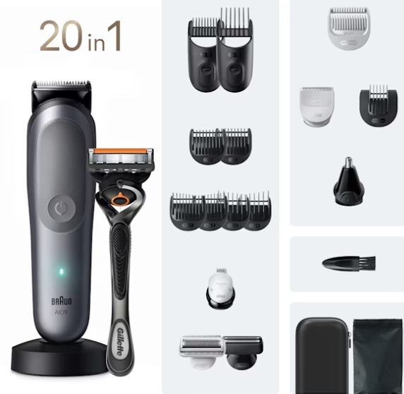 Trymer Braun 20 w 1 z maszynką do golenia i różnymi nasadkami na jasnym tle.