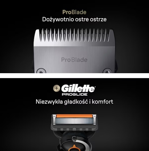 Zbliżenie srebrnego ostrza trymera ProBlade i maszynki do golenia Gillette ProGlide na czarnym tle.