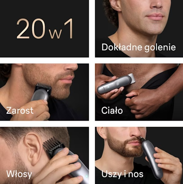 Trymer wielofunkcyjny do brody, ciała, włosów i nosa na sześciu grafikach.