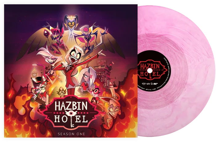 Hazbin Hotel 1. évad bakelitlemez, borítóján animált karakterekkel és rózsaszín márványos lemezzel.