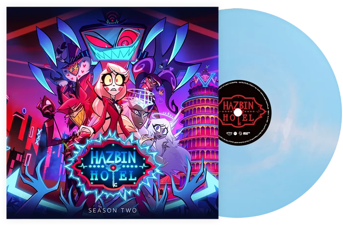 Hazbin Hotel Második Évad album borító karakterekkel és világoskék hanglemezzel.
