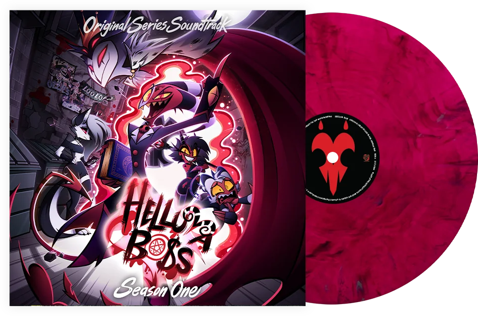 Helluva Boss Season One album borító animált démon karakterekkel és egy rózsaszín bakelitlemezzel.